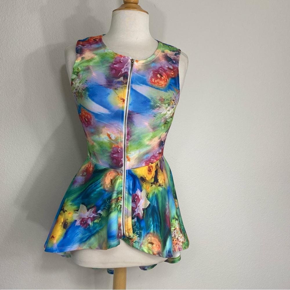 3/$25 Cleo Apparel Y2K Floral Watercolor Sleeveless Scuba Zip Peplum Top Size XS
